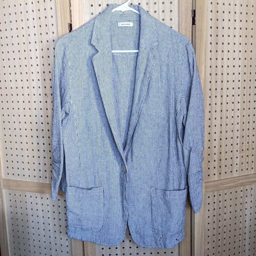 Max Studio striped linen blend blazer, rouching at sleeves, extra button